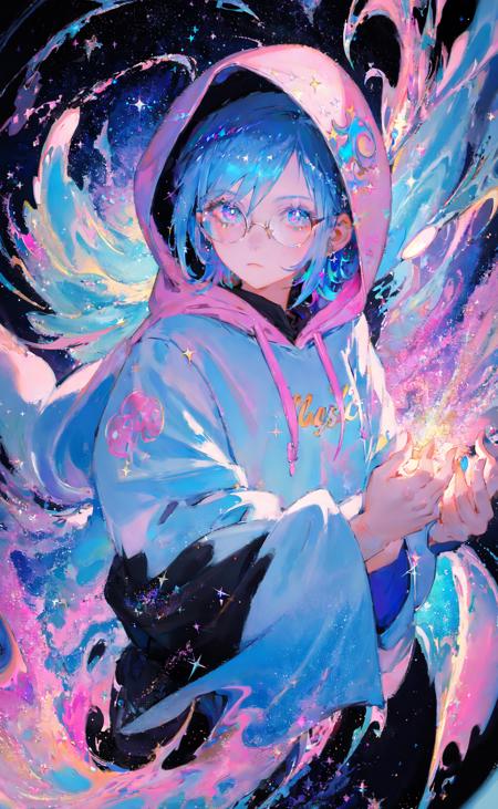 117055-4138926701-masterpiece, best quality, 1girl, blue hair, medium hair, hoodie, hood up, glasses, jewelry dynamic, colorful, cloudy sky, spark.png